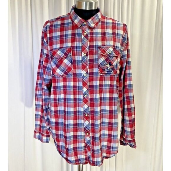 Walt Disney Parks Mickey Mouse Pearl Snap Red Plaid Western Shirt‎ Sz XL Mens - Picture 1 of 9